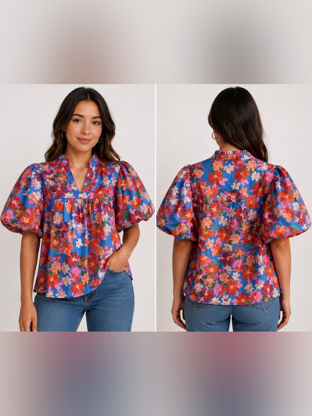 THML Floral Puff-Sleeve Blouse - Blue Multi size S